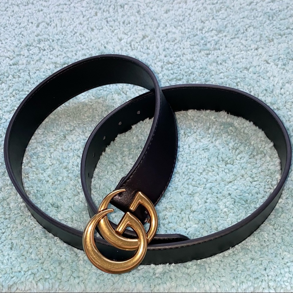 Never Worn Double G GG Leather Belt Black Brass Gold Womens & Mens 100cm / 44in